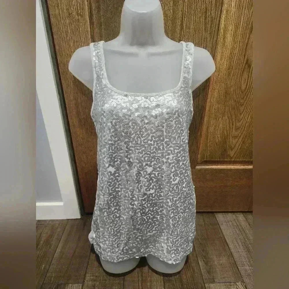 Old Navy Tank Top, Women's Size Large, Light Gray, Silver Sequin, Sleeveless